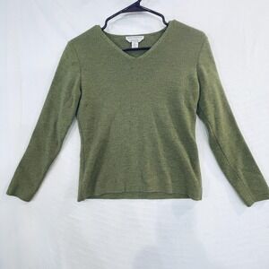 Petite Sophisticate Sweater Womens Small Green 100% Merino Wool V Neck Pullover